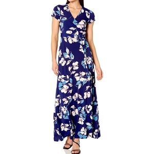 ELIZA J Navy Blue White Floral Print Belted Faux Wrap V-Neck Maxi Dress 14